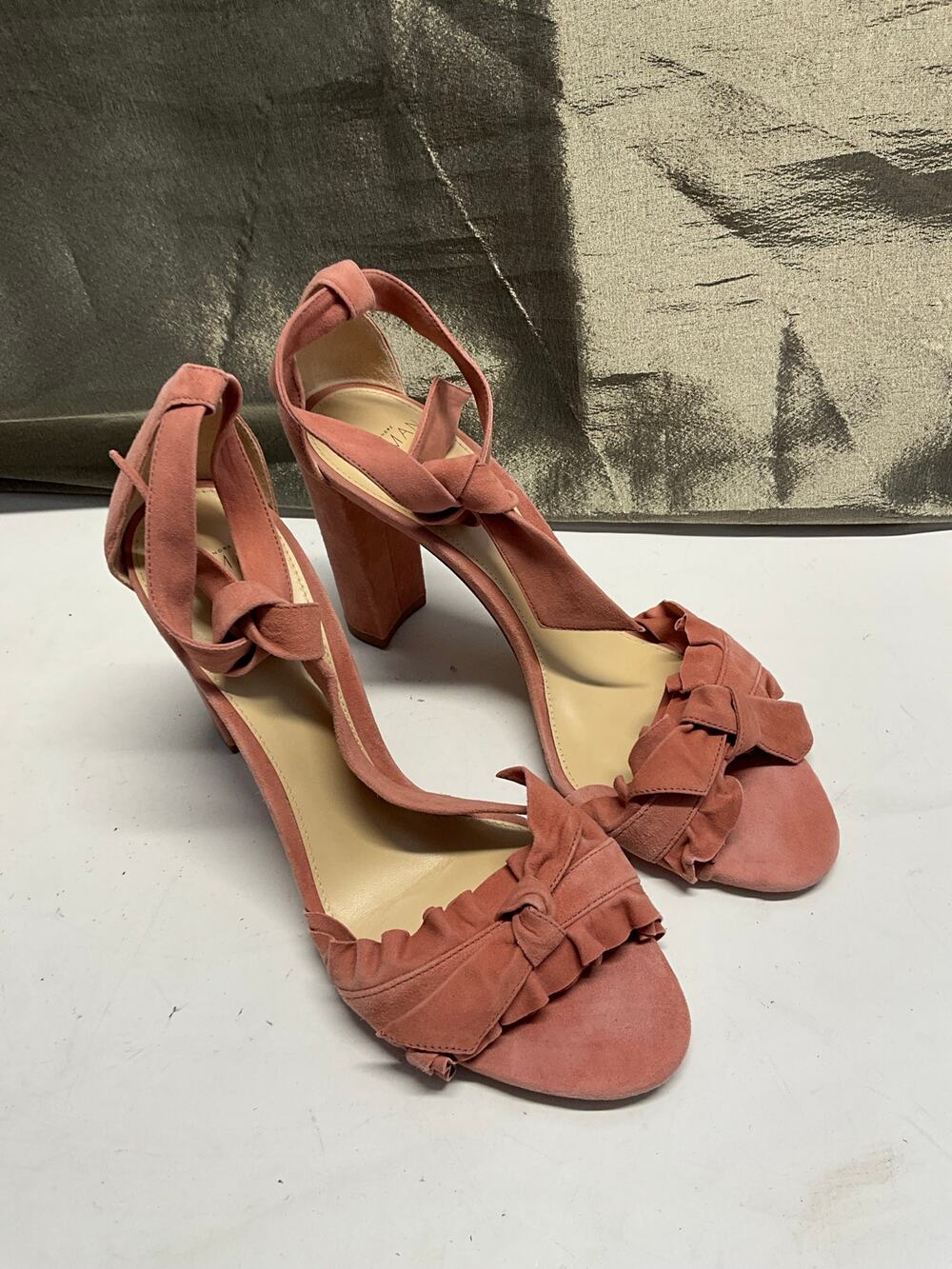 Alexandre Birman Lupita Pink Suede Bow Ruffle Block Heel Sandals